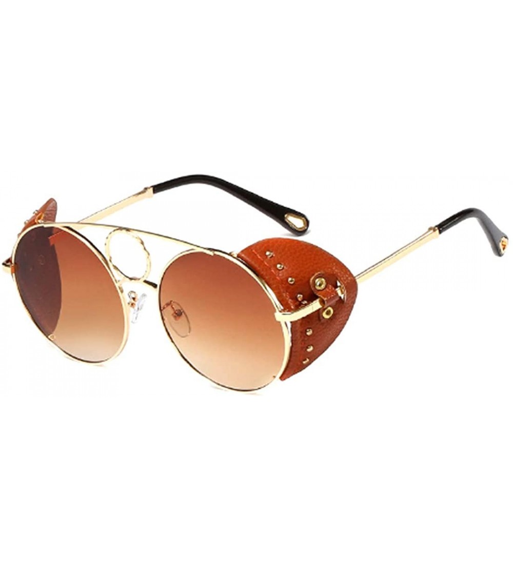 Round Women's Fashion Sunglasses Metal Round Frame Eyewear With Leather - Gold Brown - CU18W7ELKNL $48.77