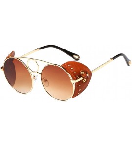 Round Women's Fashion Sunglasses Metal Round Frame Eyewear With Leather - Gold Brown - CU18W7ELKNL $48.77