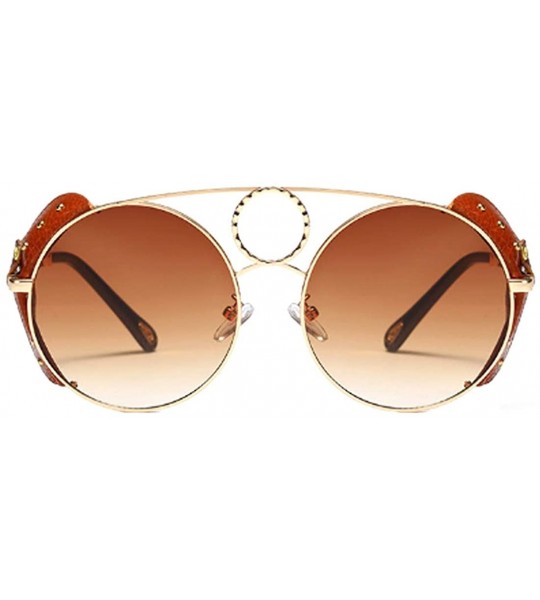 Round Women's Fashion Sunglasses Metal Round Frame Eyewear With Leather - Gold Brown - CU18W7ELKNL $48.77