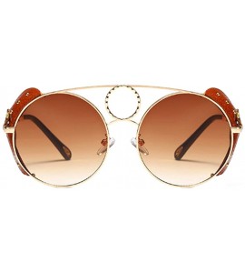 Round Women's Fashion Sunglasses Metal Round Frame Eyewear With Leather - Gold Brown - CU18W7ELKNL $48.77