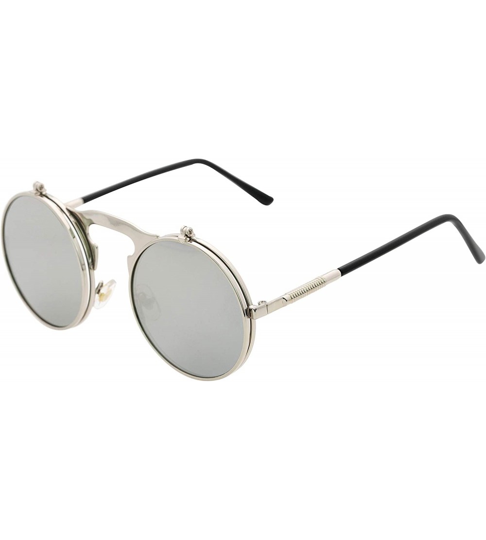 Round Flip up Steampunk Round Circle Retro Sunglasses - Silver-silver - C218Z3ZUIX4 $21.96