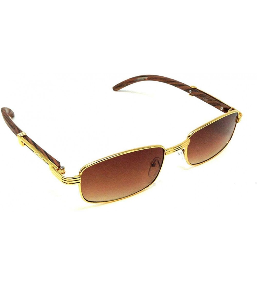 Square Apprentice Slim Rectangular Metal & Faux Wood Luxury Sunglasses - Gold & Cherry Wood Frame - CS18WZCKO6L $22.44