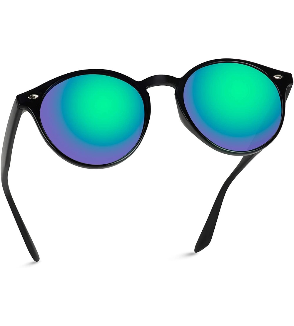 Cat Eye Classic Small Round Retro Sunglasses - Black Frame / Mirror Green - C412GO6DB5L $32.59