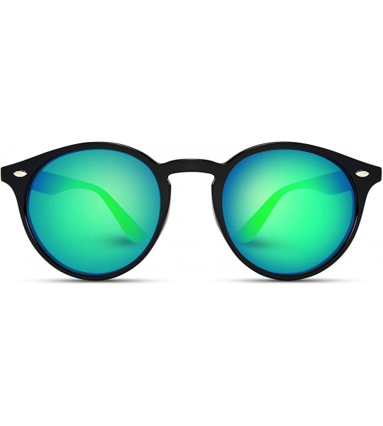 Cat Eye Classic Small Round Retro Sunglasses - Black Frame / Mirror Green - C412GO6DB5L $32.59