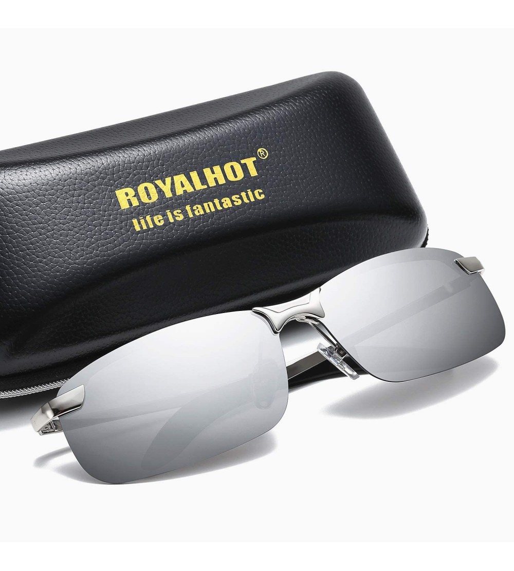 Rectangular Mens Polarized Sunglasses for Driving Fishing Classic Rectangle Lens Alloy Frame Golf UV400 Protection - Silver -...