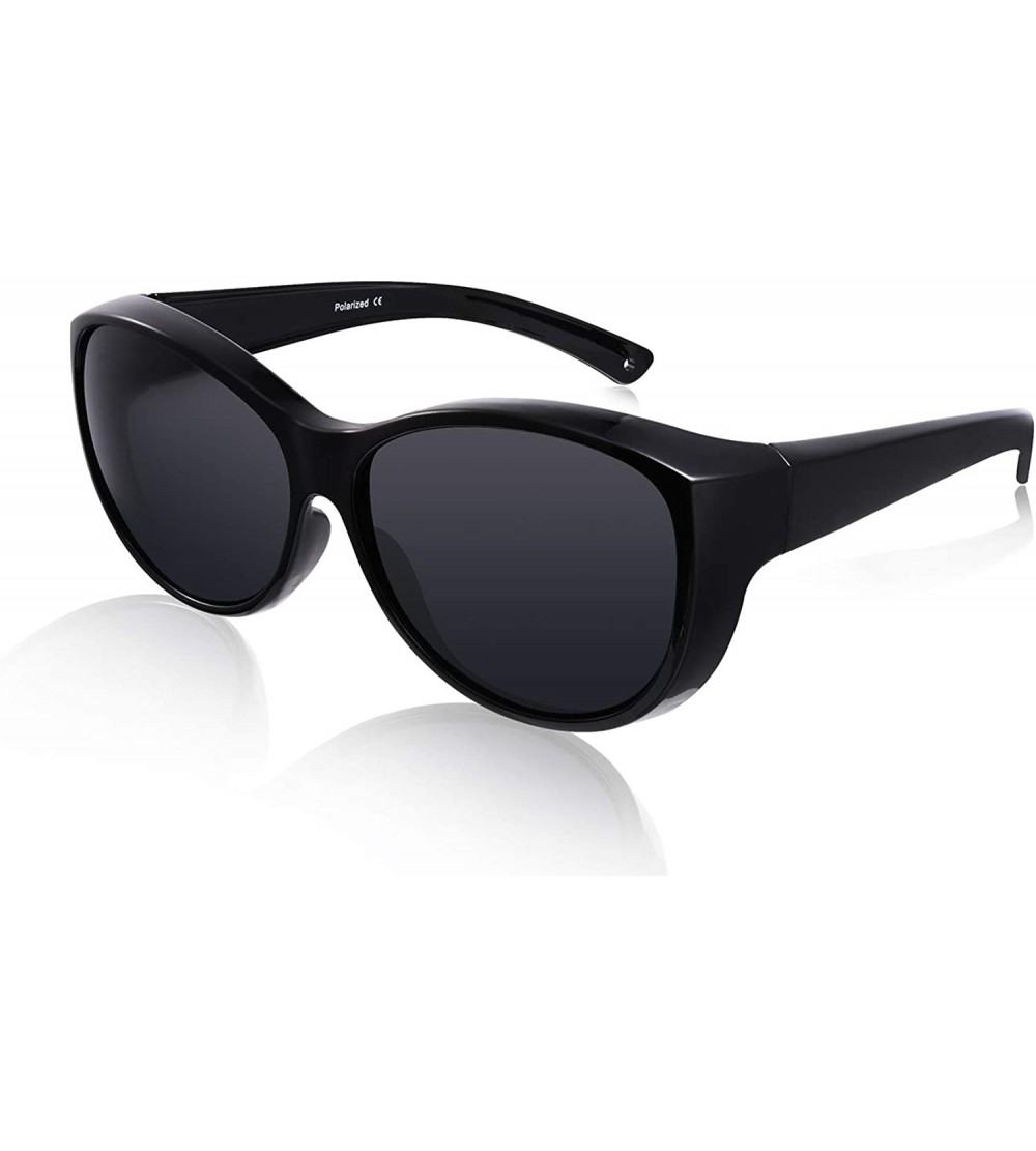 Cat Eye Polarized Oversized Sunglasses Wear over Prescription with Purple Frame for Women&Men - All Black - CO18I5MKN3X $34.99