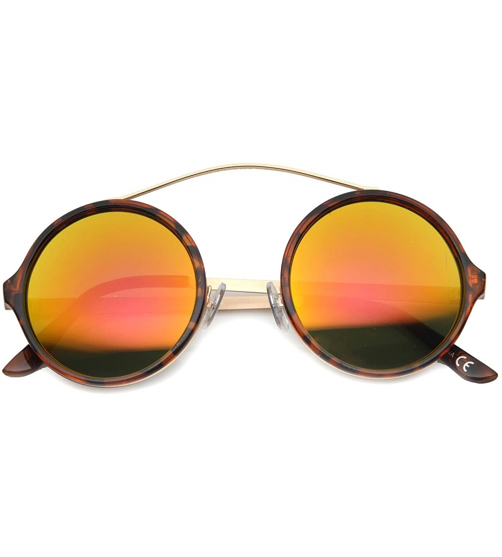 Round Dapper Fashion Curved Slim Brow Crossbar Flash Mirror Round Sunglasses - Tortoise-gold / Fire - C8124K9H6MD $21.04