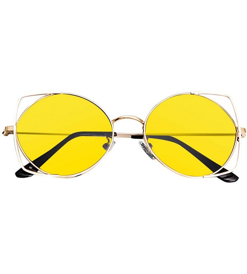 Semi-rimless Sunglasses for Women-Personality Hollow Cat Eye Mirrored Flat Lenses Metal Frame Sunglasses for Ladies - Yellow ...
