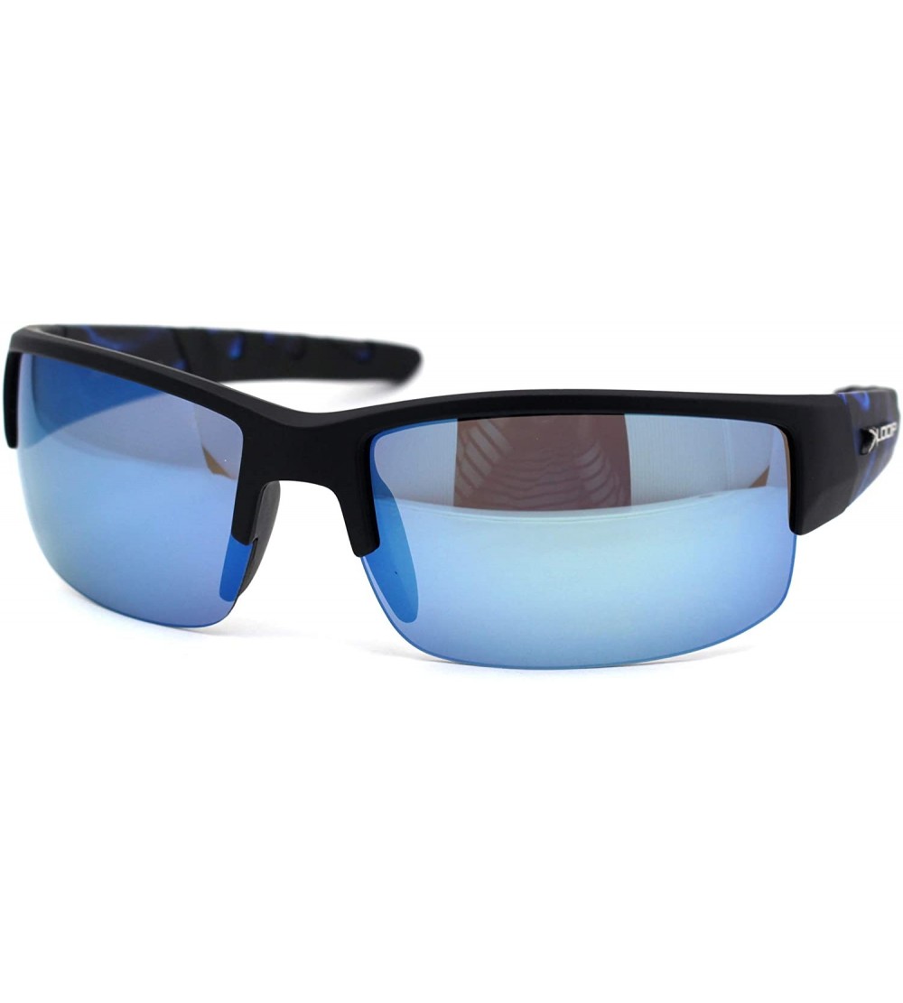 Sport Flaming Arm Rectangular Half Rim Matte Sport Sunglasses - Black Blue Blue Mirror - CX195ZXCKWR $22.89