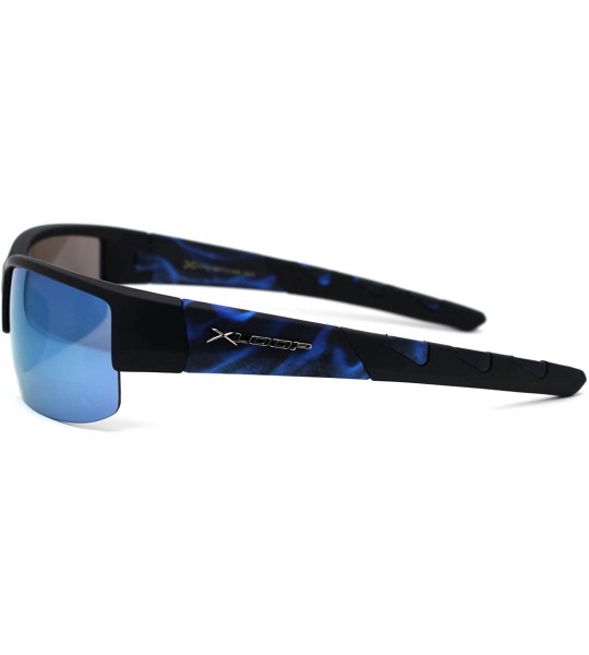 Sport Flaming Arm Rectangular Half Rim Matte Sport Sunglasses - Black Blue Blue Mirror - CX195ZXCKWR $22.89