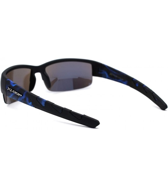 Sport Flaming Arm Rectangular Half Rim Matte Sport Sunglasses - Black Blue Blue Mirror - CX195ZXCKWR $22.89