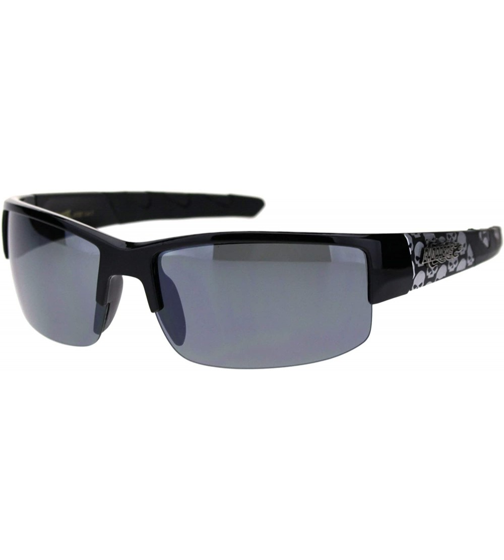 Wrap Sunglasses Mens Half Rim Wrap Around Bikers Skull Design UV 400 - Shiny Black (Black/Light Mirror) - C918Z4YRK33 $21.58