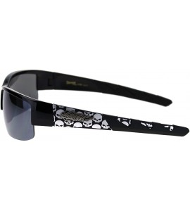 Wrap Sunglasses Mens Half Rim Wrap Around Bikers Skull Design UV 400 - Shiny Black (Black/Light Mirror) - C918Z4YRK33 $21.58