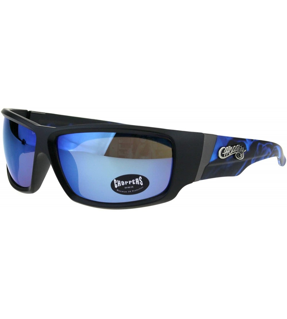 Sport Rectangular Biker Warp Around Flaming Arm Riding Sunglasses - Black Blue Mirror - C318GU38X5A $23.14