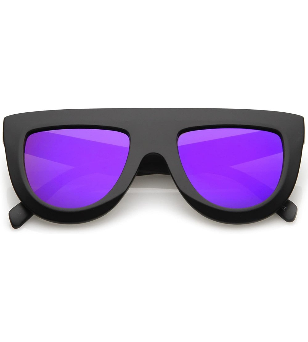 Round Oversize Chunky Wide Arms Colored Mirrror Flat Lens Flat Top Sunglasses 51mm - Matte Black / Purple Mirror - C417YZIYC7...