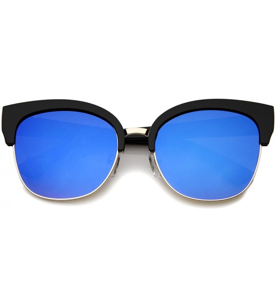 Cat Eye Modern Oversized Half-Frame Color Mirror Flat Lens Cat Eye Sunglasses 58mm - Black / Blue Mirror - CA12GSJNOIN $20.30