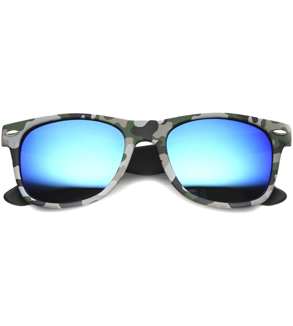 Wayfarer Camo Print Wide Temple Square Colored Mirror Lens Horn Rimmed Sunglasses 54mm - Grey / Ice - CR124K97BRX $19.28