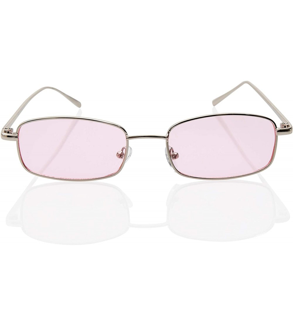Oval Retro 90s Hipster Small Rectangular Thin Metal Frame Transparent Sunglasses - Silver Frame/ Pink Lens - CK18L6STAK8 $28.84