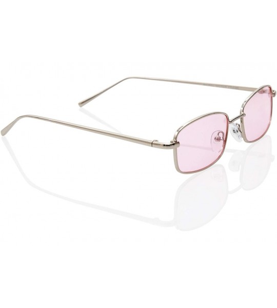 Oval Retro 90s Hipster Small Rectangular Thin Metal Frame Transparent Sunglasses - Silver Frame/ Pink Lens - CK18L6STAK8 $28.84