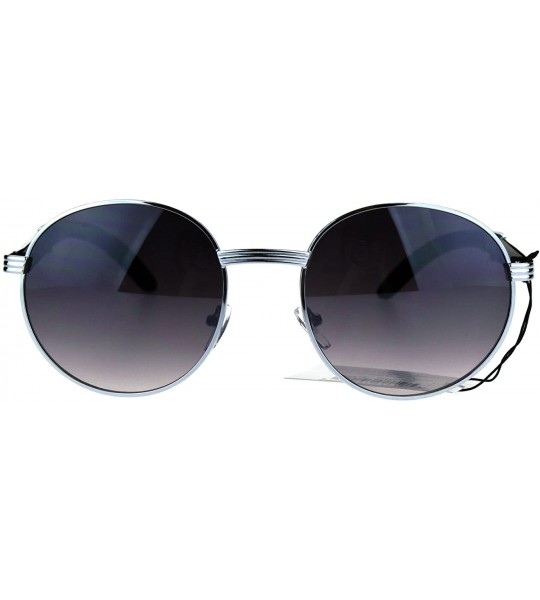 Round Unisex Fashion Sunglasses Wood Buff Temple Vintage Round Frame UV 400 - Silver (Smoke) - CD187WUEHS4 $22.15