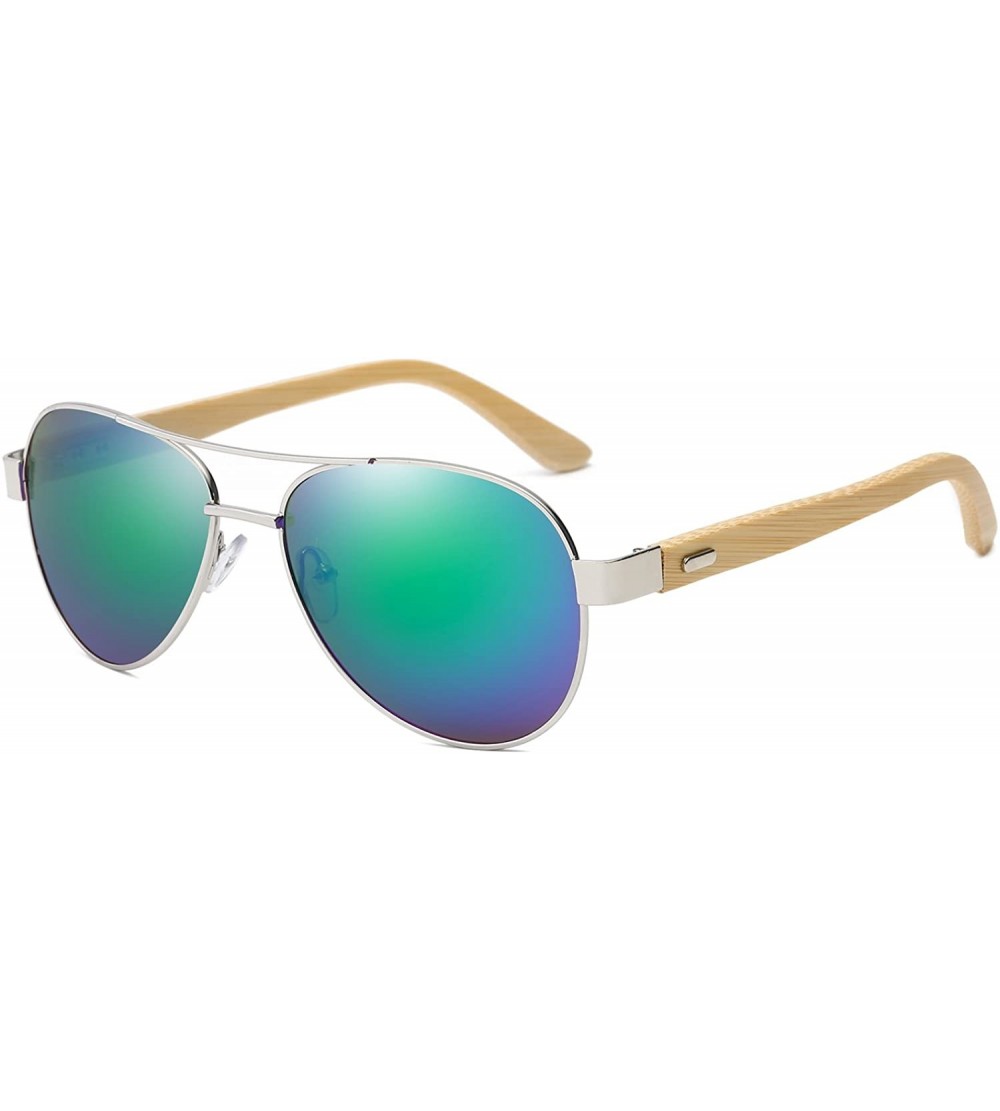 Oversized Bamboo Wood Arms Classic Mirrored Sunglasses For Men & Women - Silver Frame With Green Lens - CN12ODC5DKE $25.83
