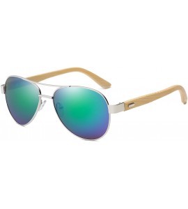 Oversized Bamboo Wood Arms Classic Mirrored Sunglasses For Men & Women - Silver Frame With Green Lens - CN12ODC5DKE $25.83