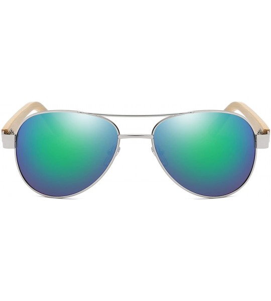 Oversized Bamboo Wood Arms Classic Mirrored Sunglasses For Men & Women - Silver Frame With Green Lens - CN12ODC5DKE $25.83