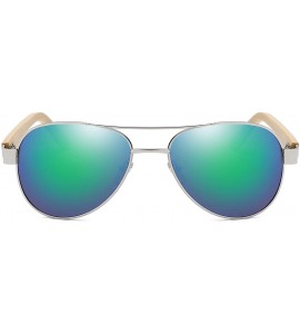 Oversized Bamboo Wood Arms Classic Mirrored Sunglasses For Men & Women - Silver Frame With Green Lens - CN12ODC5DKE $25.83