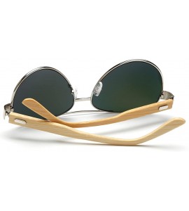 Oversized Bamboo Wood Arms Classic Mirrored Sunglasses For Men & Women - Silver Frame With Green Lens - CN12ODC5DKE $25.83