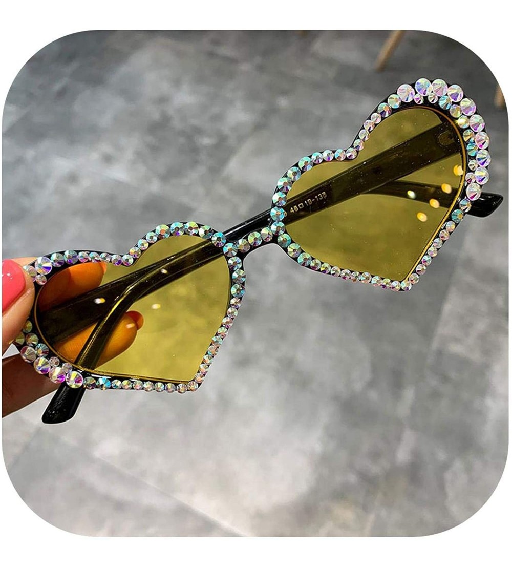 Goggle Vintage Heart Sunglasses Women Fashion Luxury Rhinestone Decoration Cat Eye Men Eyeglasses Oculos Clear - Yellow - CV1...