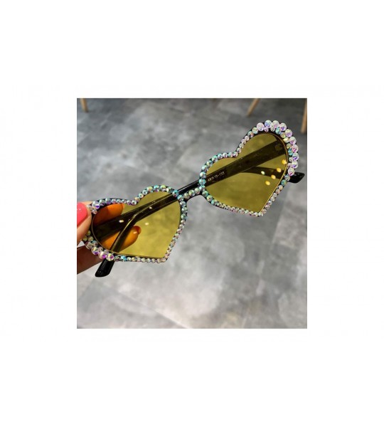 Goggle Vintage Heart Sunglasses Women Fashion Luxury Rhinestone Decoration Cat Eye Men Eyeglasses Oculos Clear - Yellow - CV1...