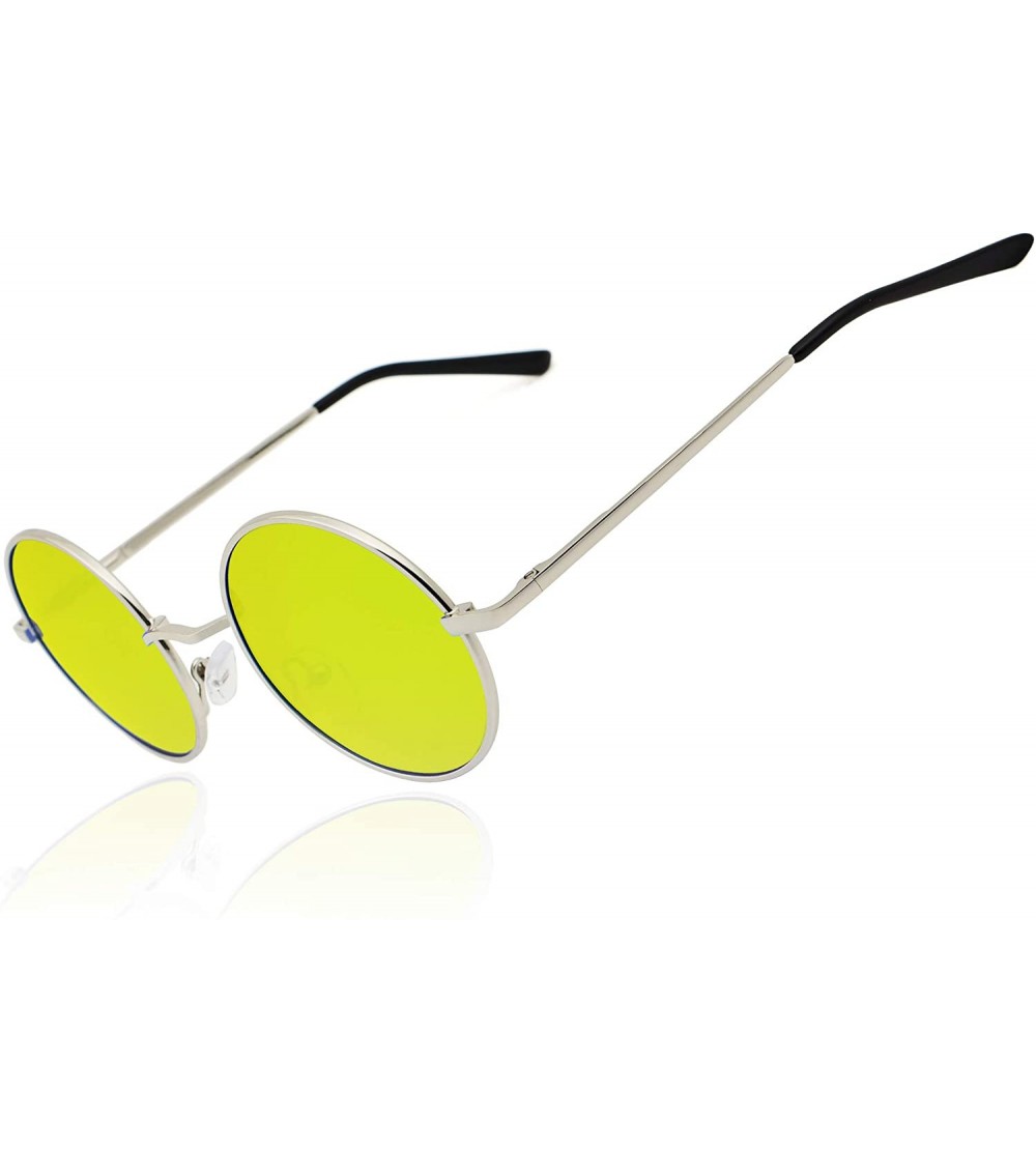 Goggle Steampunk Vintage Round Polarized Sunglasses for Men Women Lennon Style Eyewear - Silver Frame/Blue Yellow Lens - CM12...