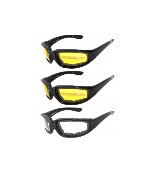 Goggle Set of 3 Pairs Motorcycle Padded Foam Glasses Smoke Yellow or Clear Lens - Blk_cl_ye - CJ12O1CLHV3 $20.38