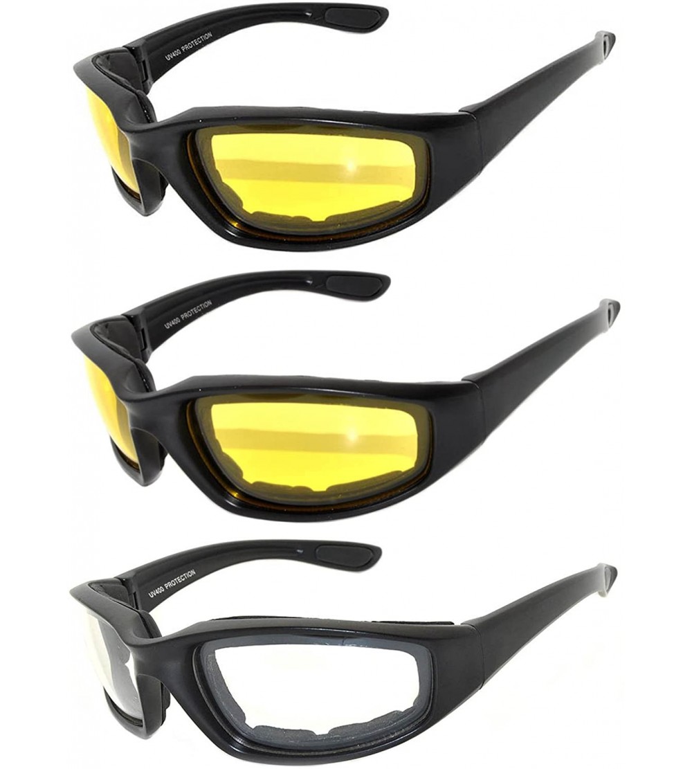 Goggle Set of 3 Pairs Motorcycle Padded Foam Glasses Smoke Yellow or Clear Lens - Blk_cl_ye - CJ12O1CLHV3 $20.38