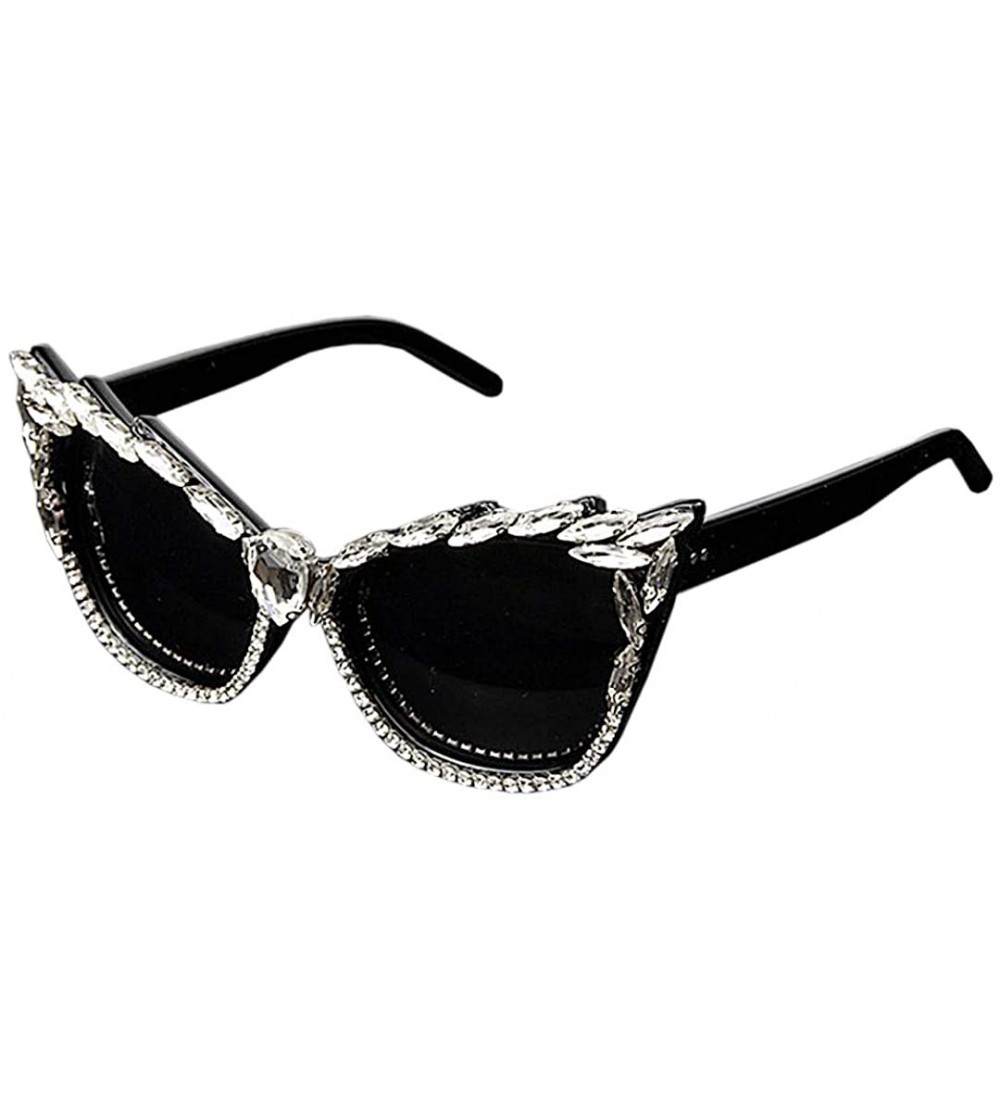 Round Vintage Cat Eye Diamond Crystal Sunglasses for Women Oversized Plastic Frame - Gray - C118ZYXYCSY $32.92