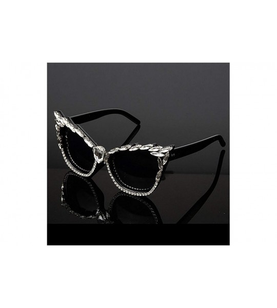 Round Vintage Cat Eye Diamond Crystal Sunglasses for Women Oversized Plastic Frame - Gray - C118ZYXYCSY $32.92