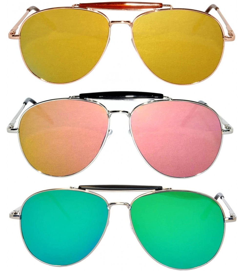 Aviator 3 Pack Aviator Brow Bar Sunglasses UV Protection Color Lens Metal Frame Unisex (Flat-063-C2-C8-C12 - Colored) - CX186...