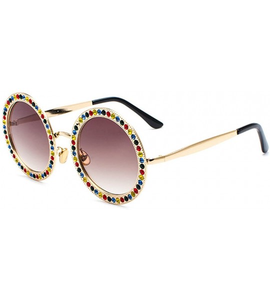 Oval New Women's Oversized Round Siamond Sunglasses Metal Frame Polycarbonate lens Sunglasses - Gold Brown - C918TSSZY65 $22.41