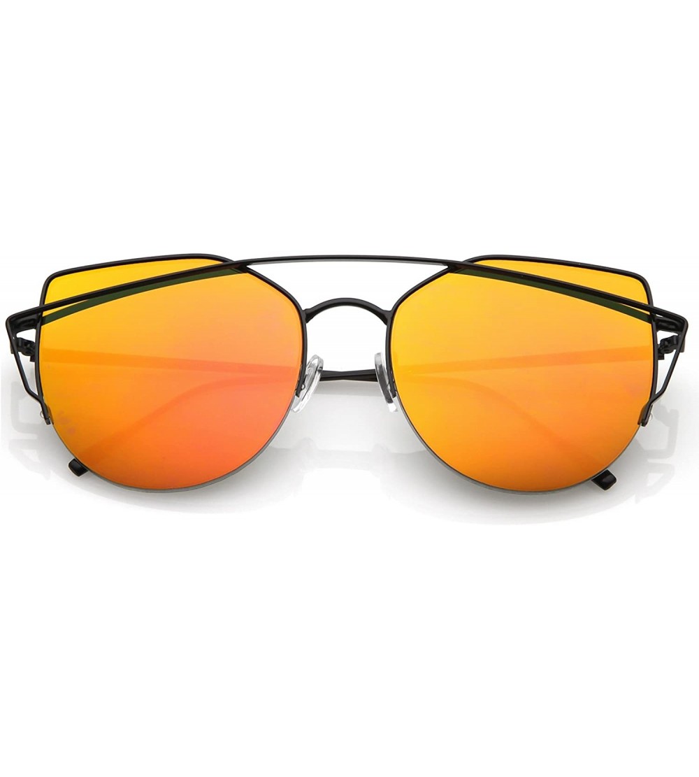 Semi-rimless Women's Semi Rimless Metal Brow Bar Round Mirrored Flat Lens Cat Eye Sunglasses - Black / Orange Mirror - CX1829...