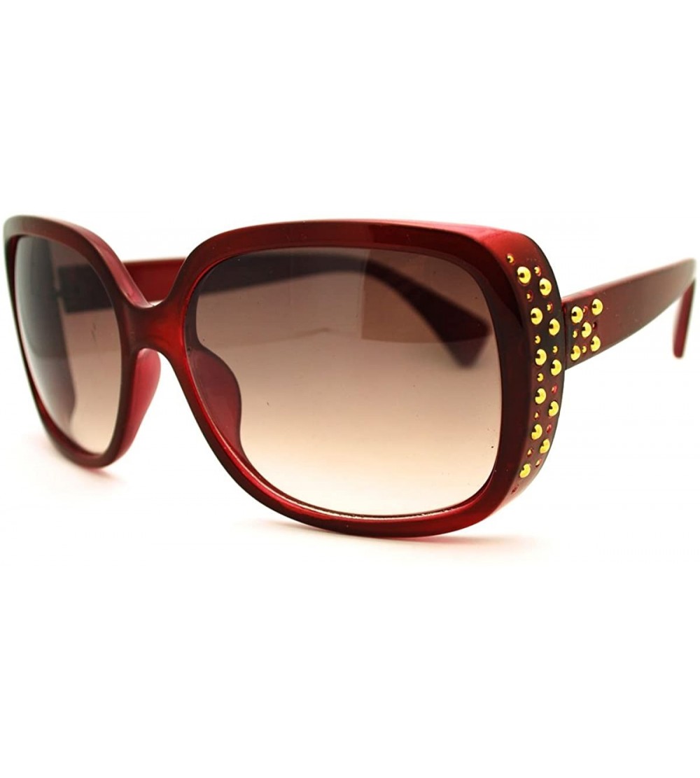 Round Womens Classy Square Sunglasses with Gold Round Studs - Burgundy - CT11FAF9V8N $18.08