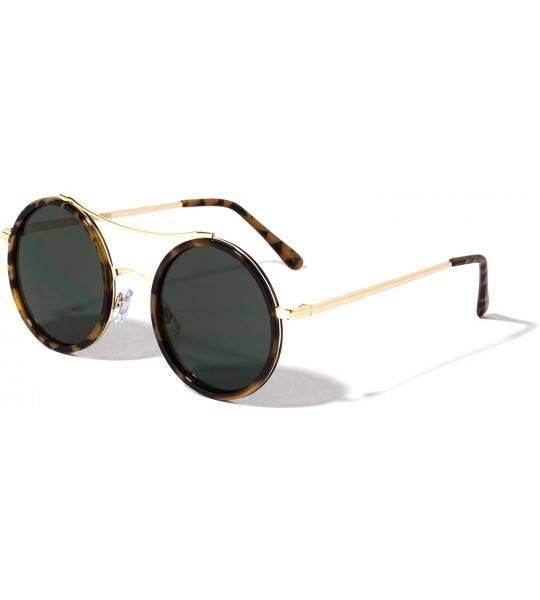 Round Flat Lens Double Plastic Metal Rim Curved Top Bar Round Sunglasses - Green Demi - C0190DHNI96 $27.74