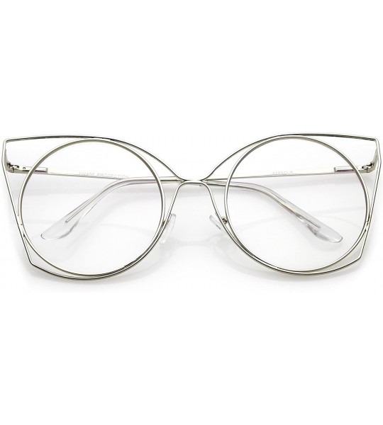 Cat Eye Oversize Slim Metal Cutout Clear Flat Round Lens Cat Eye Glasses 58mm - Silver / Clear - CB187ICCAE9 $24.52