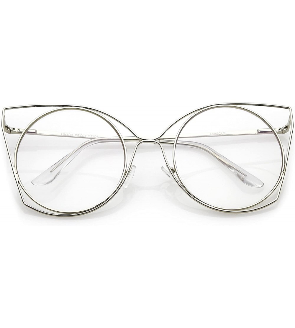 Cat Eye Oversize Slim Metal Cutout Clear Flat Round Lens Cat Eye Glasses 58mm - Silver / Clear - CB187ICCAE9 $24.52