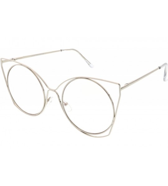 Cat Eye Oversize Slim Metal Cutout Clear Flat Round Lens Cat Eye Glasses 58mm - Silver / Clear - CB187ICCAE9 $24.52