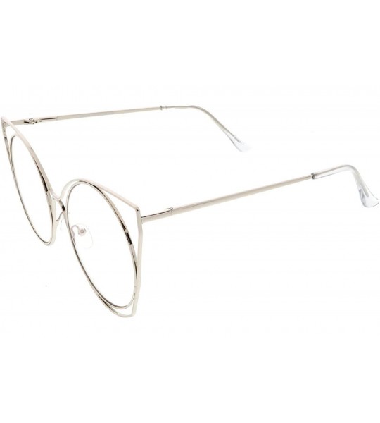 Cat Eye Oversize Slim Metal Cutout Clear Flat Round Lens Cat Eye Glasses 58mm - Silver / Clear - CB187ICCAE9 $24.52