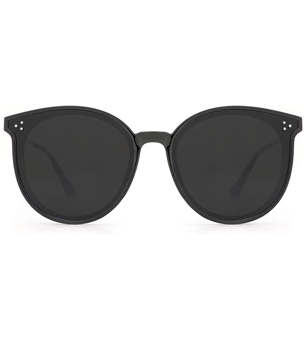 Cat Eye Oversized Cateye Polarized Sunglasses for Women Retro Trendy Round Shades - Black Frame/Grey Lens - CE18RI04LK3 $27.30