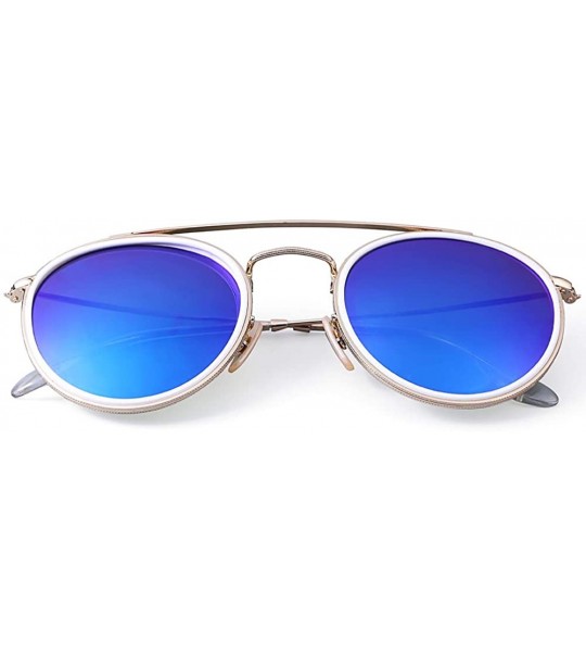 Round round double bridge sunglasses for women men crystal glass lens mirrored glasses 100% UV400 protection - Blue - C618SHG...