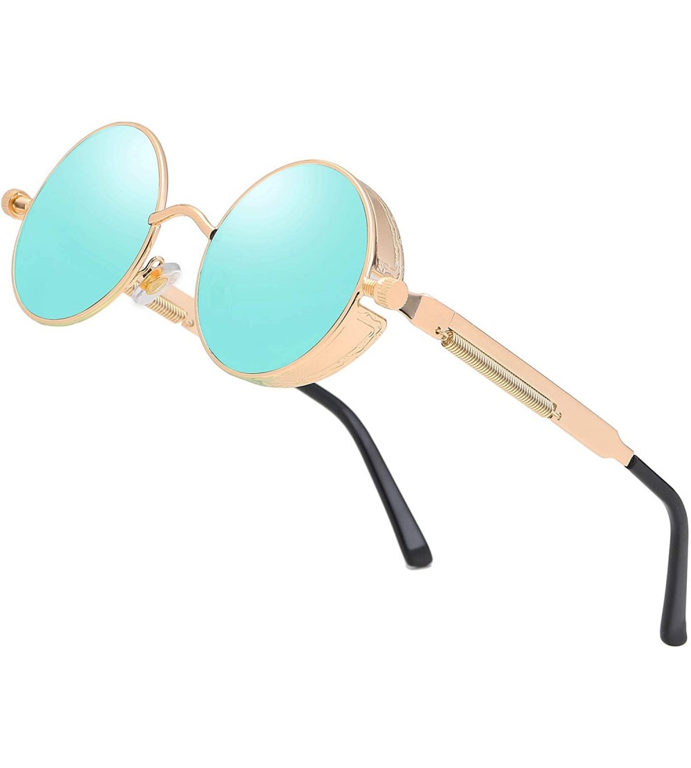 Oval Vintage Steampunk Sunglasses Circle Glasses - 145gold/Bule - CN18M42M053 $24.05