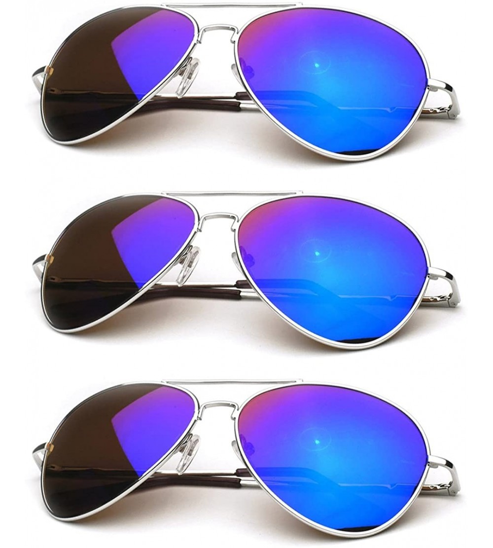 Aviator Premium Full Mirrored Aviator Sunglasses w/Flash Mirror Lens - 3 Pack Silver - Blue - CM116RH62Z9 $29.05