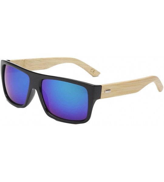 Square Large Retro Style Wooden Bamboo Flat Top Sunglasses Square Aviator Shades - Black/Green - CC12JRYXQUH $38.06
